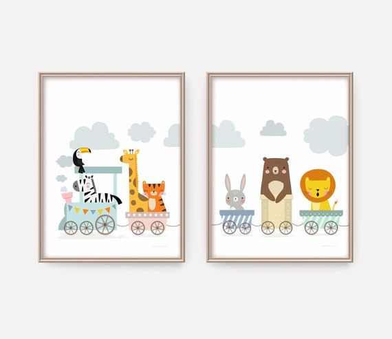 Animal Train Nursery Art Prints, Set of 2 (Digital Download)