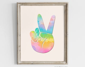 Peace and Love Hand Sign Print, Groovy Retro Digital Print, Printable 60s art, Girls room decorations, Colorful Bohemian, Good Vibes