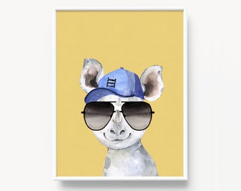 Rhino Art Print, Cool Animal with Cap, Toddler Boy Decor (Digital Download)