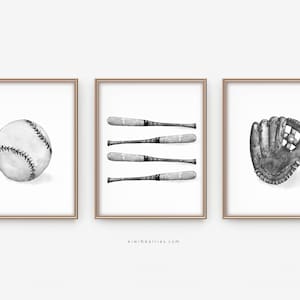 Boys Room Decor, Baseball Print Set, Printable Digital Baseball Posters, Sport Prints, Black and White, Baseball Printable, Ball Mitt Bat