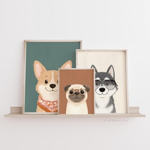 Set of 3 Fun Dog Prints, Printable Instant Art, Happy Wall Art for kids, Puppy Illustration, Boys Room Revamp, Birthday Gift, Dog Posters