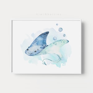 Estampado de rayas, Guardería temática oceánica, Guardería náutica marina, Decoración de habitaciones para niños, Animales oceánicos, Tiburón ballena Narval, Arte mural en acuarela