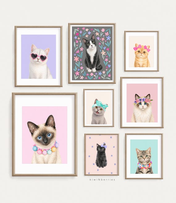 Cat Illustration Bundle Prints, Kittens Wall Art for Girls Room, Watercolor Portraits, Digital Download, Set of 8