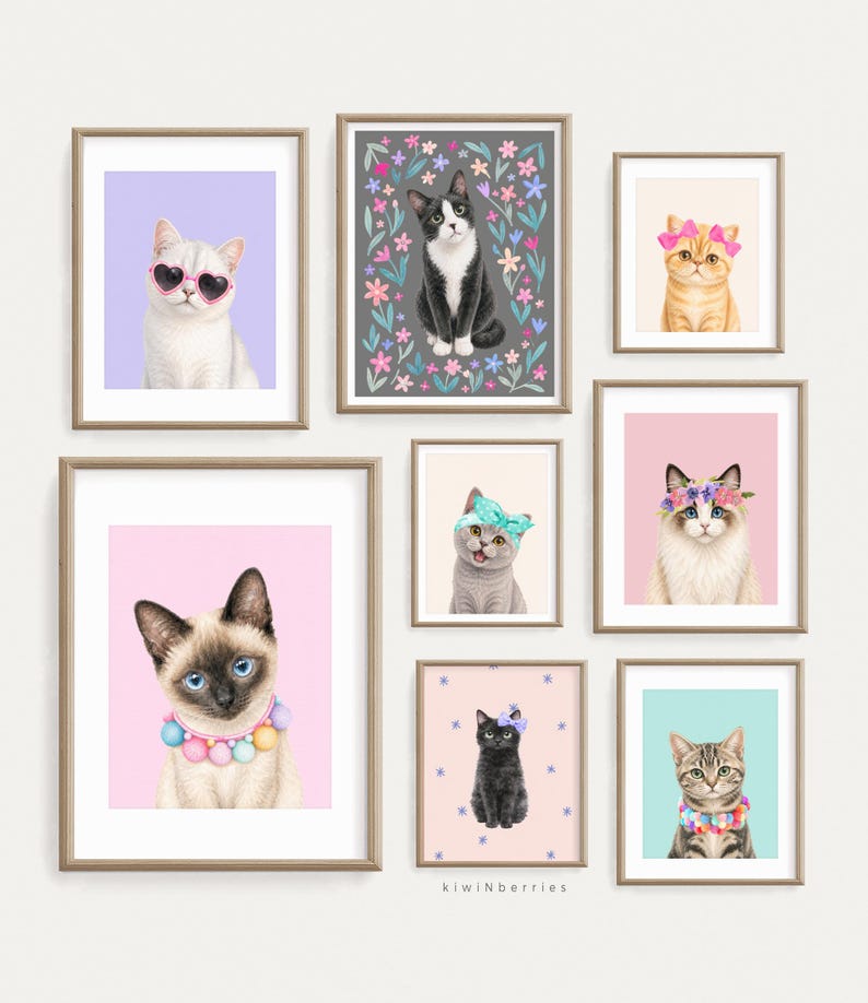 Cat Illustration Bundle Prints, Kittens Wall Art for Girls Room, Watercolor Portraits, Digital Download, Set of 8