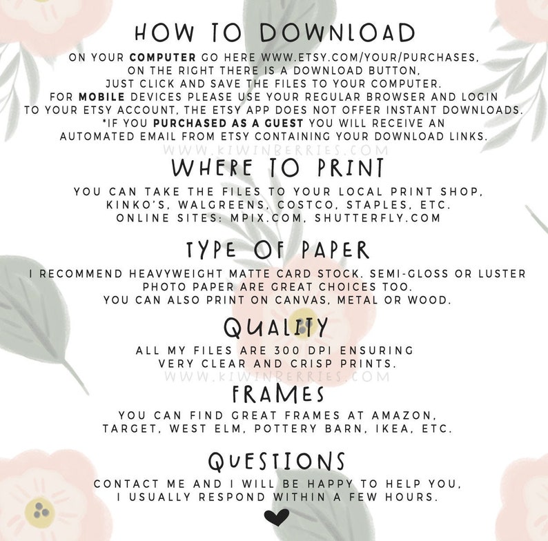 May include: A pink and white floral background with text explaining how to download and print digital files. The text includes information about file quality, paper types, and where to find frames. The text also includes the website address www.kiwinberries.com.