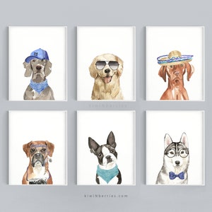 Decoración de la habitación para niños, Arte imprimible para perros, Carteles para cachorros, Juego de 6 arte de pared,