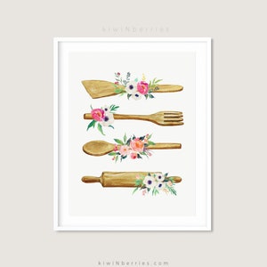 Kitchen print - Kitchen utensils poster - Kitchen wall art - Watercolor art - Kitchen decor - Rustic kitchen decor - shabby kitchen decor