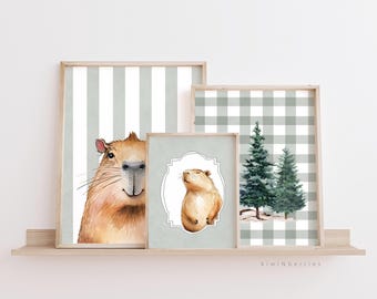 Capybara Art Prints, Sage Green Decor, Set of 3 (Digital Download)
