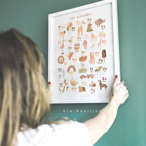 Peut inclure: Un tableau d'alphabet color&eacute; avec des illustrations d'animaux et d'objets pour chaque lettre. Le tableau est imprim&eacute; sur du papier blanc et encadr&eacute; dans un cadre blanc.