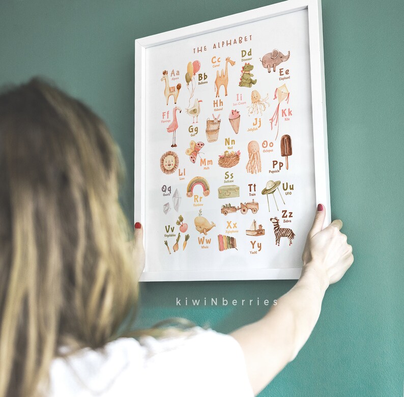 Peut inclure: Un tableau d'alphabet color&eacute; avec des illustrations d'animaux et d'objets pour chaque lettre. Le tableau est imprim&eacute; sur du papier blanc et encadr&eacute; dans un cadre blanc.