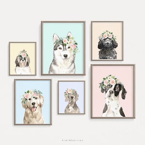 Girl&#39;s Nursery Printable Art, Digital Puppy Wall Art, Baby Girl Room Decor, Pastel Colorful Dogs with Flowers, Floral Dogs Prints, DIY decor