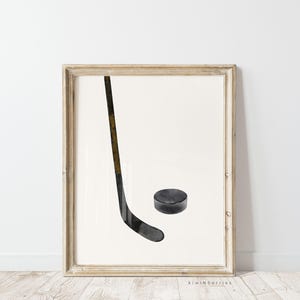 Hockey Printable, Digital Sports Art, Boy Room Decor, Hockey stick and Puck, Watercolor Sports Print, Ice Hockey Poster