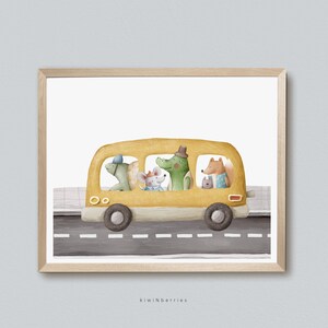 Schoolbus digitale print, leuke dieren rijden op de bus, geel grijs, babykamer decor, eerste schooldag, kleuterschool kunst aan de muur, afdrukbaar