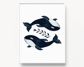 Celestial art print, Night sky oceanic wall art, Printable wall art, Orca Whale, Botanical prints, Celestial dreamy print, Whale art