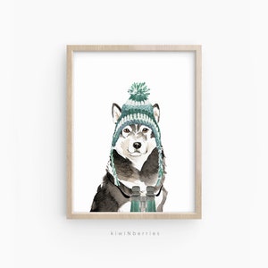 May include: A watercolour painting of a black and white dog wearing a green and white knitted hat with a pom-pom on top. The dog is holding binoculars in its paws.