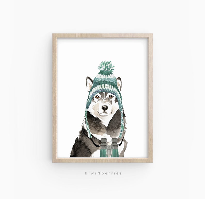 May include: A watercolour painting of a black and white dog wearing a green and white knitted hat with a pom-pom on top. The dog is holding binoculars in its paws.