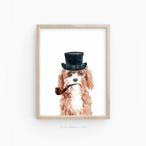 May include: A watercolour painting of a brown and white dog wearing a black top hat and holding a pipe in its mouth. The dog is looking directly at the viewer. The background is white.