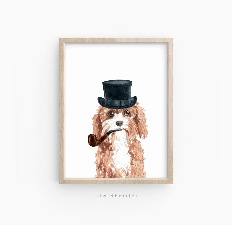May include: A watercolour painting of a brown and white dog wearing a black top hat and holding a pipe in its mouth. The dog is looking directly at the viewer. The background is white.
