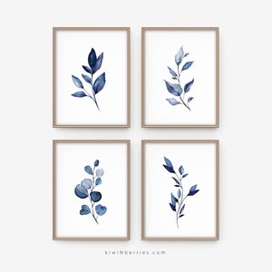 Indigo Blue Botanical Prints, Navy Blue branches and leaves, Botany art prints, Botanical posters, Navy blue wall art, Indigo blue decor