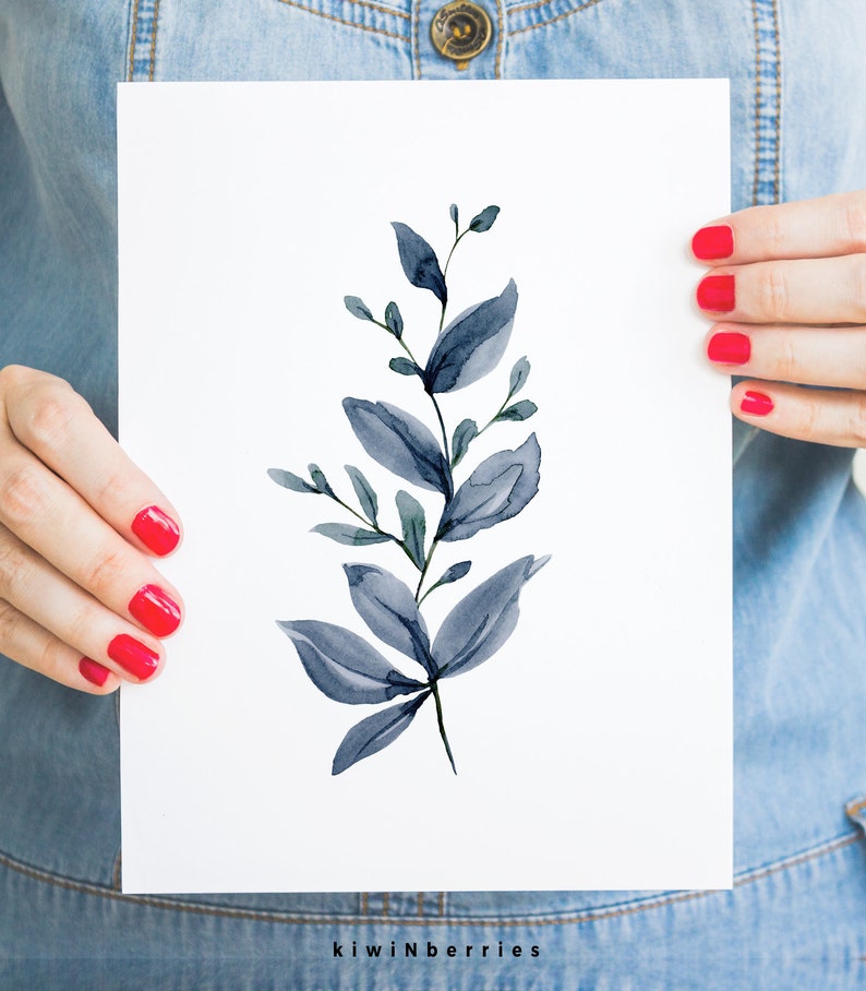 May include: A watercolour painting of a blue leafy branch with a white background.