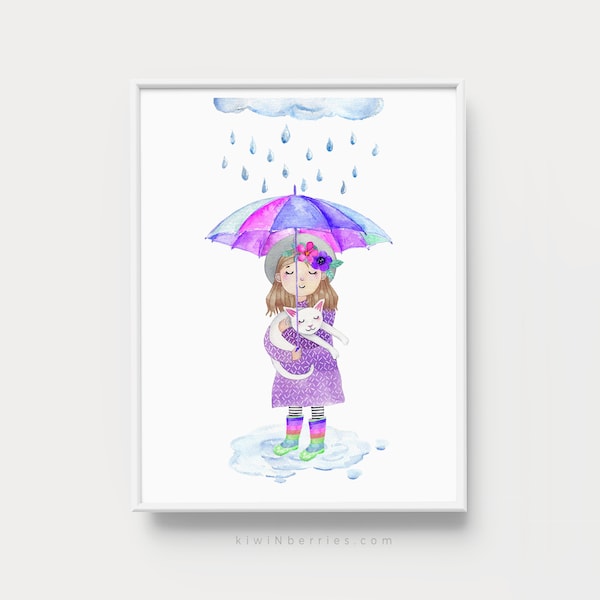 Girl Holding an Umbrella, RAin print, raining poster, Printable Girl Wall art, Rain Bright Happy artwork, Hot pink magenta neon green