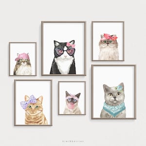 Impresión de gato de guardería, cartel de gatito, gatos de personalidad con accesorios, digital imprimible, arte de pared de niñas, decoración de habitación de niña bebé, arte de pared de gato