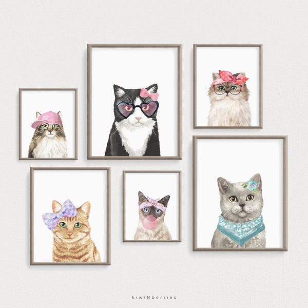 Nursery Cat Print, Kitten Poster, Personality Cats with Accessories, Printable Digital, Girls Wall Art, Baby Girl Room Decor, Cat Wall Art