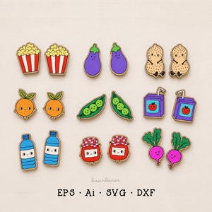 May include: A collection of twelve pairs of flat, wooden-style cartoon icons featuring smiling faces. The designs include popcorn, eggplants, peanuts, oranges, peas, juice boxes, water bottles, jam jars, and radishes. Text at the bottom reads EPS, Ai, SVG, DXF.