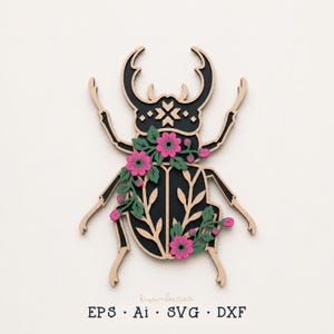 May include: A layered wooden stag beetle cutout featuring a black body with light wood trim, decorated with pink flowers and green leaves. The text below reads: kiwinberries EPS · Ai · SVG · DXF. The design includes geometric patterns.