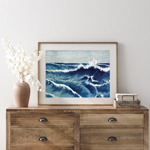 Sea Waves Print, Ocean Waves Poster, Waves Art Print Digital, Deep Blue, Tropical Coastal Decor, Serenity Prints, Shades of Blue, Marine
