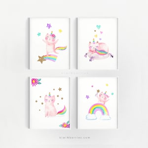 Arte de pared para niñas, Arte de pared de unicornio imprimible, Carteles de unicornio, Gatos divertidos, Impresiones de gatitos, Impresiones de gatos, Impresiones de arte para niños, Diversión colorida del arco iris