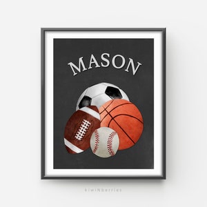 Impresión de nombre personalizado de deportes, póster de guardería personalizado, arte de pared de deporte digital, sala de niños con temática deportiva, baloncesto béisbol fútbol fútbol