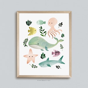 Ocean Elements Print, Mädchen Poster, Meer Drucke, Ozean Kreaturen Chart, MädchenZimmer Dekor, Teenage Girl Design Art, Bunte Botanische DIY