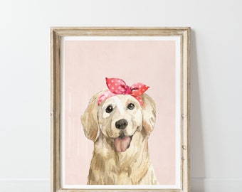 Lab Print Digital, Printable Girls room, Fun Colorful Art,Puppy Labrador retriever with a bandana, peach red, Playroom Decorations