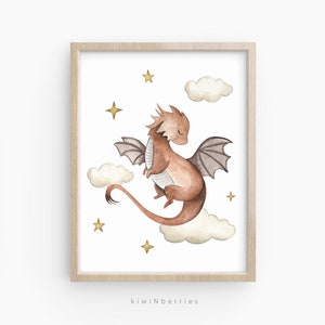 Dragon over Clouds Print, Cute Nursery Decor, DIY printable Digital, Dragon Poster, Baby's room wall Art, Gray and Ochre