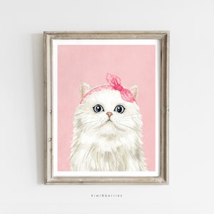 White Fluffy Cat Print, Nursery Soft Artwork, Kitty Kitten Poster, Printable Nursery DIY, Pink Rose Peach