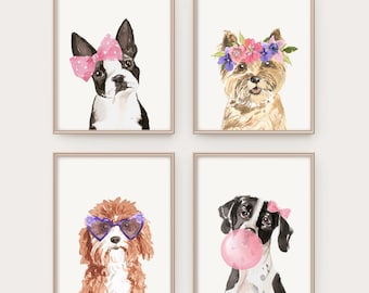Kids printable art, Girl's room decor, Dog printable art, Kids room wall art, Cute dogs print, Dogs with bows flowers, Cool prints for kids