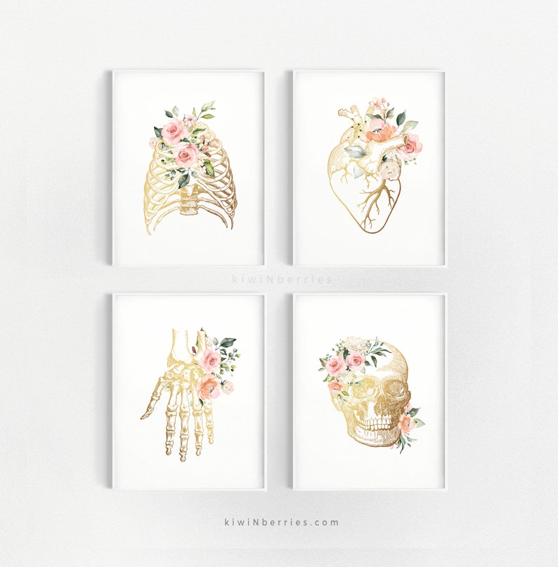 Puede incluir: Conjunto de cuatro impresiones de arte imprimibles con ilustraciones anat&oacute;micas doradas de una caja tor&aacute;cica, un coraz&oacute;n, una mano y un cr&aacute;neo, cada una adornada con flores de acuarela rosa y blanca.