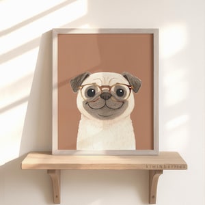 Happy Pug Poster, Cute Puppy Wall Art, Cool dogs with glasses, Toddler Children Room Decor, Ochre Rusty Orange, Dog Printable Art,Dog Prints