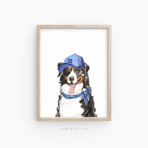 May include: Watercolour painting of a Bernese Mountain Dog wearing a blue baseball cap with a white "III" on it and a blue bandana around its neck. The dog is looking directly at the viewer with its tongue sticking out.