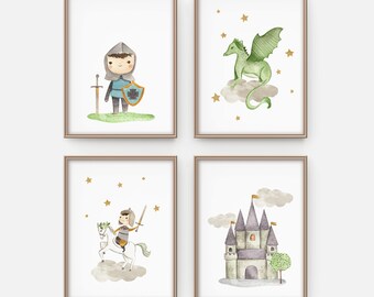 Knight and Dragon Nursery Prints: Boy's Room Wall Art (Digital Download)