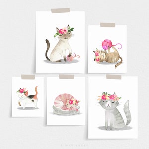 Cute Cat Prints, Set of 4 Prints, Watercolor Art, Digital Printable, Cat Posters, Girl Room Decor, Nursery Cat Lovers, Fun Art Prints image 7