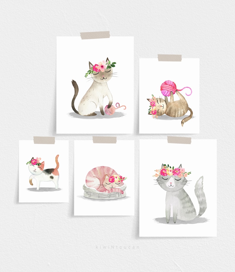 Cute Cat Prints, Set of 4 Prints, Watercolor Art, Digital Printable, Cat Posters, Girl Room Decor, Nursery Cat Lovers, Fun Art Prints image 7