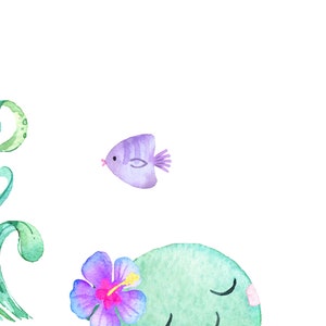 May include: Watercolour illustration of a purple fish, a green underwater creature with closed eyes, and a pink and purple hibiscus flower.