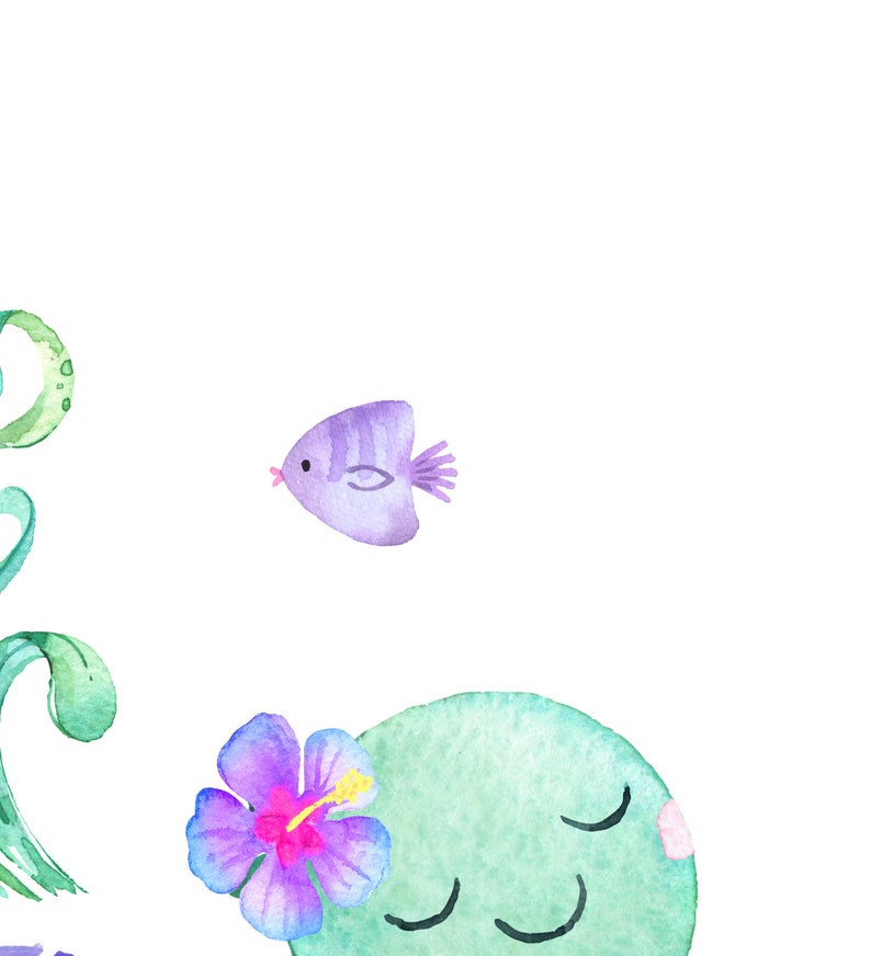 May include: Watercolour illustration of a purple fish, a green underwater creature with closed eyes, and a pink and purple hibiscus flower.