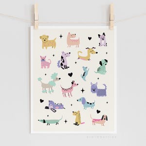Colorful Dog Breed Poster, Fun Printable Puppy Wall Art for Girls, Cute Cartoon Dogs Digital Print for Kids Room Decor, Printable Pastel Art