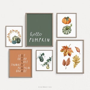 Conjunto de impresión de arte de otoño, decoraciones de otoño, arte imprimible de bricolaje, hola calabaza, naranja verde salvia, calabazas calabazas y hojas, carteles de otoño de octubre