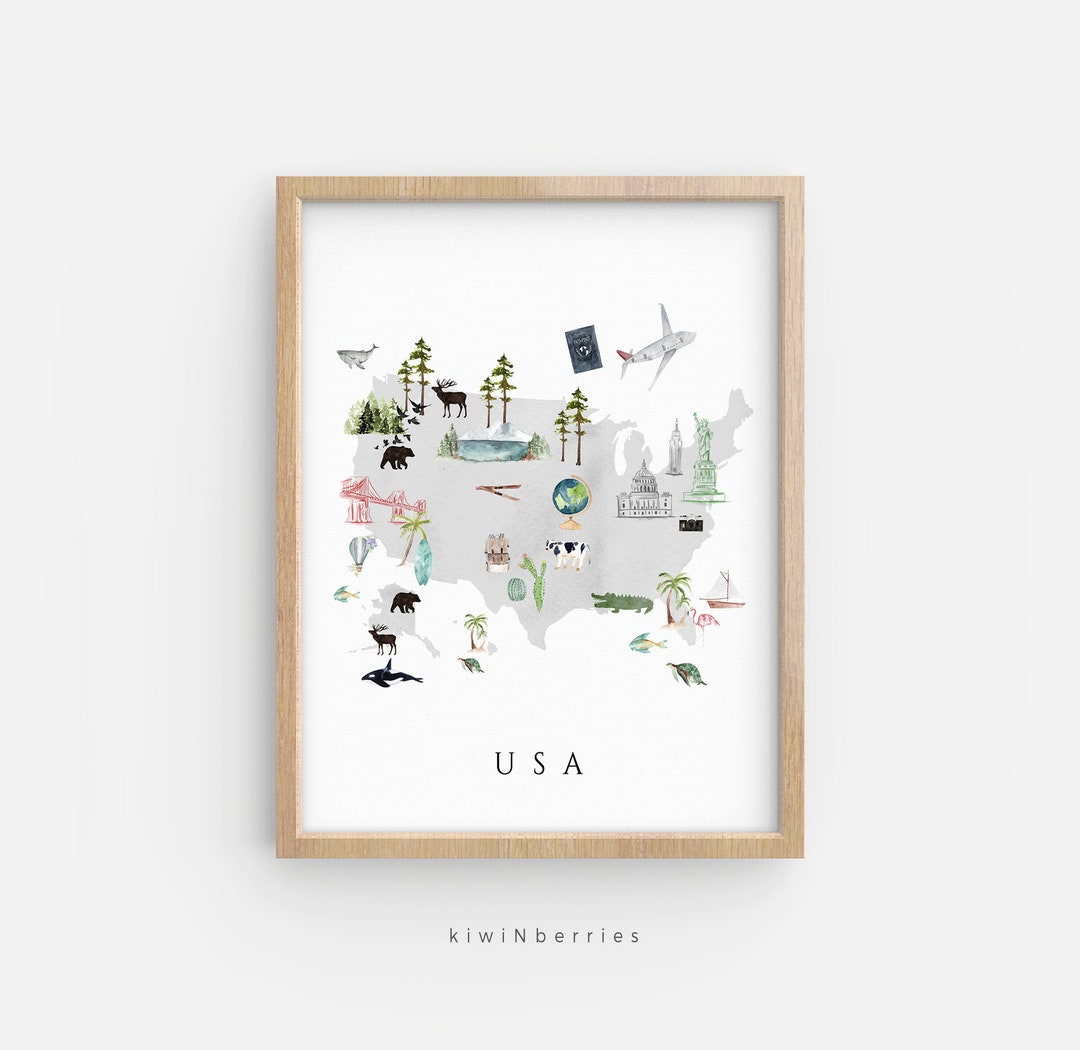 USA Map Print, Printable Map of USA, Travel Decor, Kids Room Wall Art, Nursery Decor ...