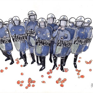 Original Aquarell,Griechische Polizei im Einsatz,Urbane Kunst in Griechenland, Cartoonartige Kunst,Athen,Städtekunst,Politische Kunst,Athen,Haus Dekoration