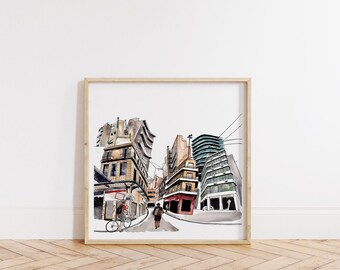 Architectural Giclee Print, Athens Illustration, Cycling Art, Cityscape of Athens Art, Limited Edition Giclee Print from Watercolor Painting